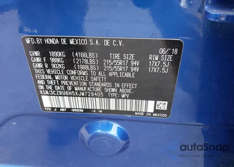 2018 Honda Hr-V Ex z USA, uszkodzony, nr VIN 3CZRU6H5XJM729405